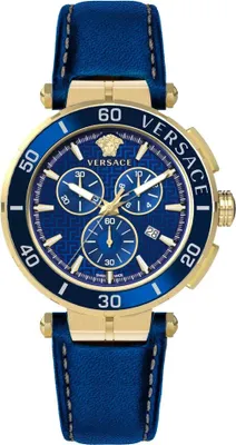 Produktbild von Versace VE3L00322 Greca Chrono gold blau Leder Armband Uhr Herren NEU