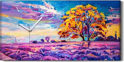 Produktbild von Dekor Leinwand Uhr Wandbilder Kunstdruck 60x30 Sonnenuntergang über Lavendelfeld - weiße Hände