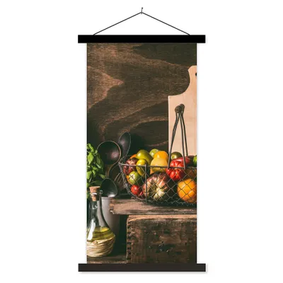 Produktbild von MuchoWow® Textilposter Gemüse - Kräuter - Rustikal - Stilleben - Basilikum 40x80 cm mit schwarzem Rahmen - Wandemalerei
