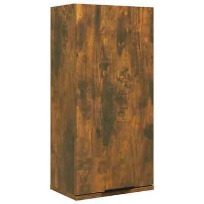 A tall, narrow cabinet with a wood-grain finish.