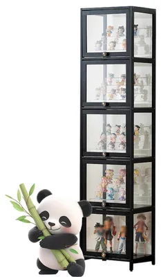 Image de Vitrine avec boîtier en verre et acrylique, 5 compartiments, noire, dimensions : 172 x 30 x 33 cm