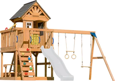Produktbild von AXI Jack Spielturm aus Holz in Braun mit Doppelschaukel | Spielplatz für Kinder mit Weißer Rutsche, Schaukel, Trapez, Kletterwand, Picknicktisch & Sandkasten | Stelzenhaus für den Garten