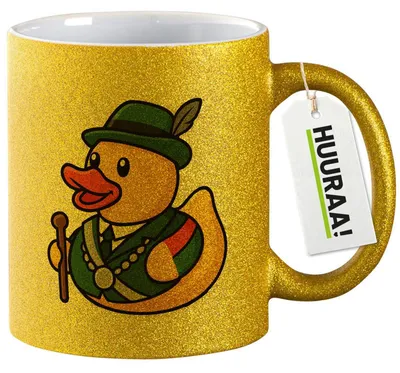 Produktbild von Huuraa Glitzertasse Quietscheente Schützenkönig Gummiente Schützenfest 330ml Gold Keramik Kaffeebecher Geschenkidee