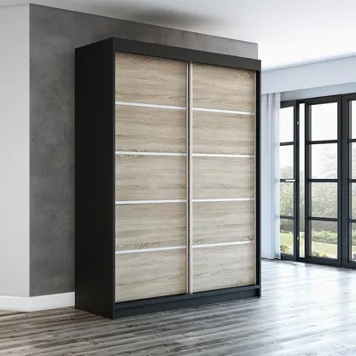 Produktbild von Schwebetürenschrank, 2-türig Schrank PARIS 160 cm (mit Spiegel) (Schwarz / sonoma/ sonoma)
