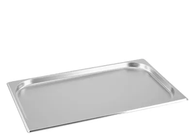A stainless steel food pan on a white background.