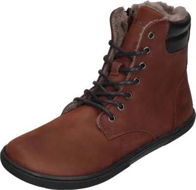 A single brown leather boot with black laces and a black sole, set against a white background.