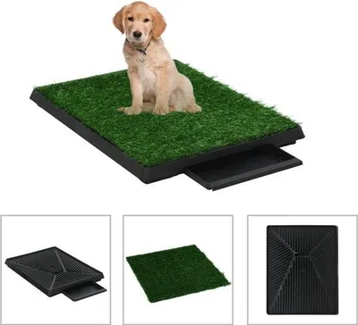 Zdjęcie produktu dla Toaleta dla psów z sztuczną trawą i pojemnikiem na nieczystości – 63 x 50 cm – trenażer do nauki czystości dla szczeniąt – higieniczna i łatwa w czyszczeniu – zielono-czarna