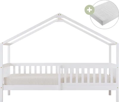 Image de Sunny Kae Lit Cabane Avec Barrière De Sécurité, En Bois, Blanc | Au Sol - Matelas Hybride 90 X 200 Inclus - Montessori | Dimensions Totales: 207 X 96