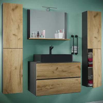 Produktbild von VCM 5-tlg. Waschplatz Waschtisch | schwarzes Waschbecken Unterschrank Breite 60 cm | Badmöbel Set mit Schubladen Drehtüren Spiegel | Lendas S BL