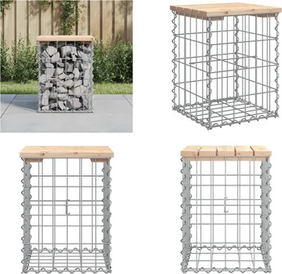 A collage of images showing a gabion garden bench with a wooden top.
