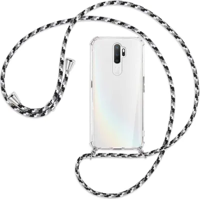 Produktbild von Handykette Backcover-Schutzhülle mit Band (Metall silberfarben) für Oppo A5 2020 / A9 2020 / A11x - schwarz/grau/weiß