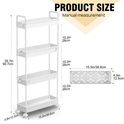 Image de Chariot de rangement - 4 niveaux - Mobile - En plastique - Avec roulettes - Idéal pour les espaces réduits - Blanc