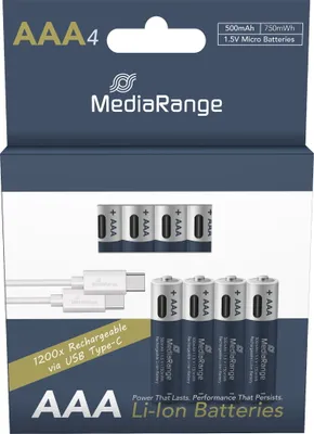 Produktbild von MEDIARANGE USB-C AAA Akku Li-Ion 1,5V, 500mAh, 1200 Ladezyklen, Ladezeit 2h, 4er-Pack