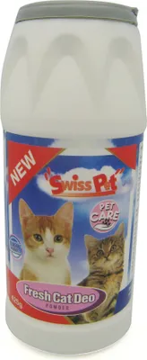 A product shot of a container of SwissPet Fresh Cat Deo Powder.