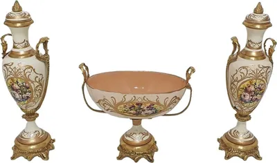 Produktbild von Casa Padrino Barock Deko Keramik Vasen Set mit Schale Creme / Mehrfarbig / Messing - Prunkvolle Deko im Barockstil - Barock Deko Accessoires - Barock Möbel - Edel & Prunkvoll