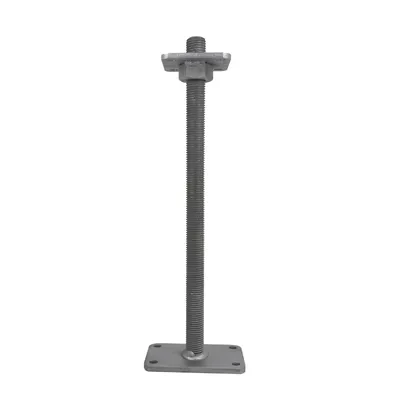 A metal post support with an adjustable threaded rod and a base plate, isolated on a white background.