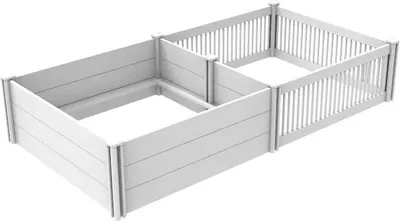 A white plastic dog kennel with an attached run, shown from a slightly elevated angle against a white background.