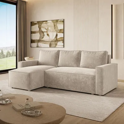 Produktbild von Masseno Ecksofa POTARO LM mit Schlaffunktion L-Form, Sofa mit Bettkasten, Wohnzimmersofa, Couch, Soffa, Bettsofa, Couchgarnitur- Creme, LUMO 55