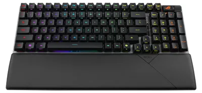 A top-down view of a black gaming keyboard with RGB lighting and a black wrist rest.