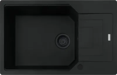 A top-down view of a black kitchen sink.