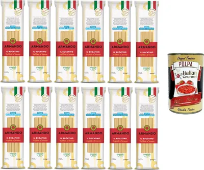 Produktbild von Armando Il Bucatino, Pasta di semola di grano duro trafilata al bronzo,Il Bucatino, Nudeln aus Hartweizengrieß aus Bronze gezogen 12x500gr + Italian Gourmet polpa 400g