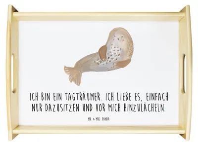 Produktbild von Mr. & Mrs. Panda Holztablett Robbe Lachen - Weiß - Geschenk, Sofa Tablett, Serviertablett, aus holz, Ostsee, Meerestier, Lustige Sprüche, Frühstückstablett, Strand