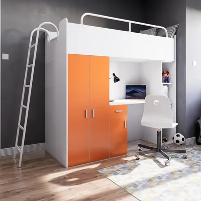 Produktbild von Marlux-Meble Hochbett Kinderbett JSM-4 80x190 mit Kleiderschrank Schreibtisch und Leiter Matt Kinderbetten Funktionsbett Etagenbett Stockbett Kinderhochbett Jugendhochbett (Orange Matt)