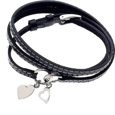 Produktbild von Damen Charms-Lederarmband Schwarz dreifach gewickelt - 2 Herze aus Edelstahl Silber Farbe SB 9362B.S - Länge verstellbar 17,5 b
