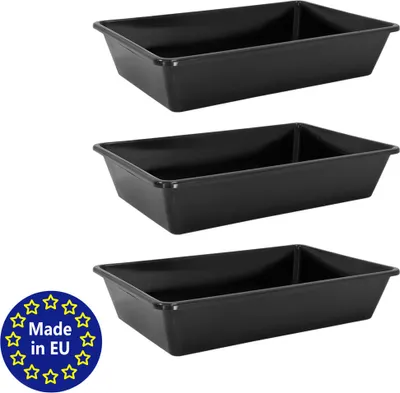 Produktbild von 3x Wanne aus Kunststoff Plastik Schüssel 20 L Staubbad Sandbad Plastikwanne Fusswanne Badewanne Kunststoffwanne eckig 60x40x12 cm Schwarz Aufbewahrung petigi