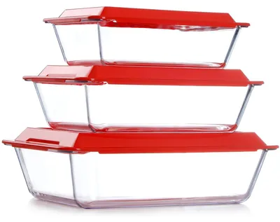 Produktbild von Tiefe Glasauflaufformen mit Deckel, 3er-Set Lasagneformen, rechteckige Glasauflaufformen (2,3 + 3,5 + 5,4 l)