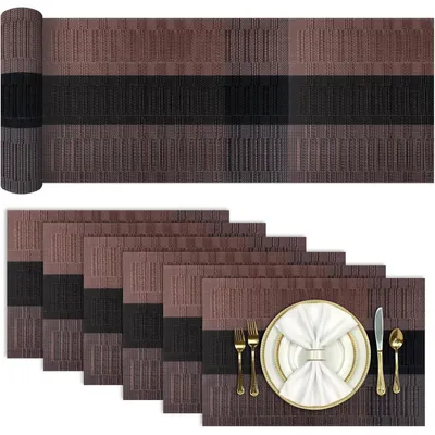 Productafbeelding van Tafelrunners en placemats, set van 7, bamboe-bruin, afwasbaar, PVC, hittebestendig, antislip, afmetingen: 30x45 cm / 183x30 cm