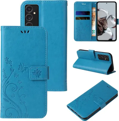Produktbild von Handyhülle für Samsung Galaxy S24 Floral Blumen Schmetterling Flip Cover Hülle Case Klapphülle Handytasche Farbe: Blau
