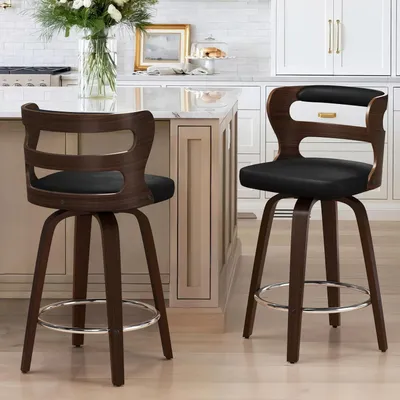 Image de Ensemble de 2 tabourets de bar avec dossier et accoudoirs, hauteur 66 cm, structure en bois avec assise en similicuir, couleur noir et noyer foncé