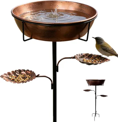 Produktbild von Vogeltränke für den Außenbereich aus rostfreiem Metall mit Platte und Futterschale – Vogelbad und Gartendekoration für Garten, Balkon, Terrasse, Hof und Rasen, auch für Kolibris