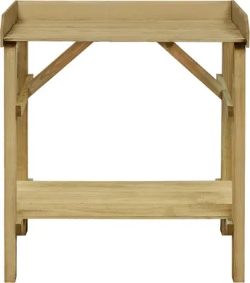 A wooden potting bench is shown against a white background.