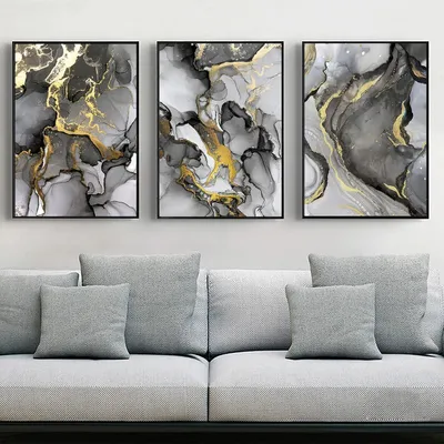 Image de Œuvres d'art abstraites pour mur, tableaux sur toile, texture marbre gris et doré, lot de 3, dimensions 50x70 cm