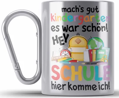 Produktbild von Trendation - Schulkind 2023 Einschulung Mädchen Junge Geschenk Schultüte Edelstahl Tasse Karabiner Schulstart Erster Schultag Schuleinführung Schulanfang Geschenkidee (Silber)
