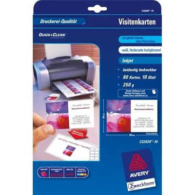Image de Avery Zweckform C32028-10 Premium Cartes de visite, 85 x 54 mm, revêtement spécial jet d'encre, VS : brillant, RS : mat, 10 feuilles