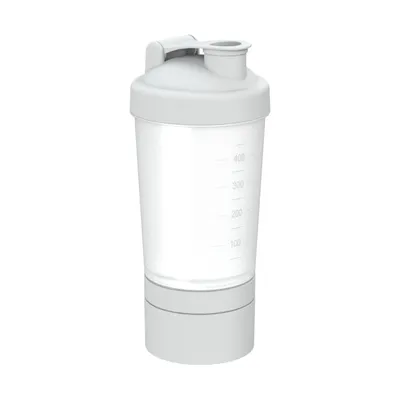 Produktbild von Shaker "Protein" Pro 2+ mit 400 ml - Fitness Shaker für Eiweiß- & Sportgetränke mit drei abnehmbaren Kammern und herausnehmbarem Sieb - transparent/weiß