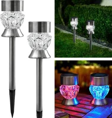 Collage of solar garden lights in different settings and colors.