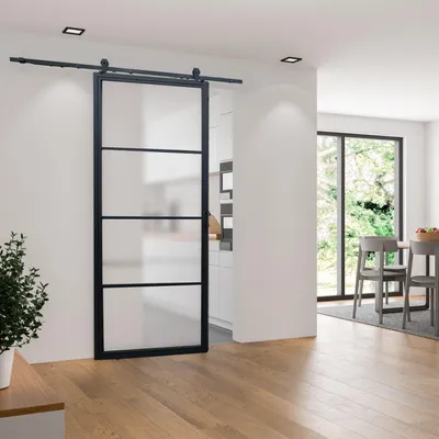 Produktbild von inova Loft-Glasschiebetür 900 x 2150 mm, Satiniertes Glas, Stahlrahmen Schwarz, Komplettset mit offener Laufschiene, Softclose beidseitig