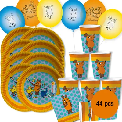 44-teiliges Die Maus Party-Set mit allen enthaltenen Artikeln wie Tellern, Bechern, Servietten und Luftballons im Überblick.
