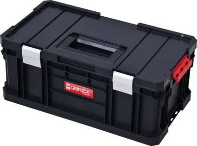 A black tool box with red and white accents, presented on a white background.