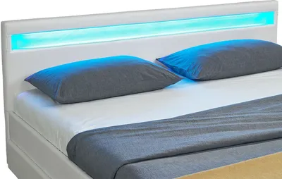 Produktbild von Juskys Polsterbett Lyon 140 x 200 cm weiß – Bettgestell mit Lattenrost, Bettkasten & LED Beleuchtung  – Kunstleder & Holz – Bett Jugendbett