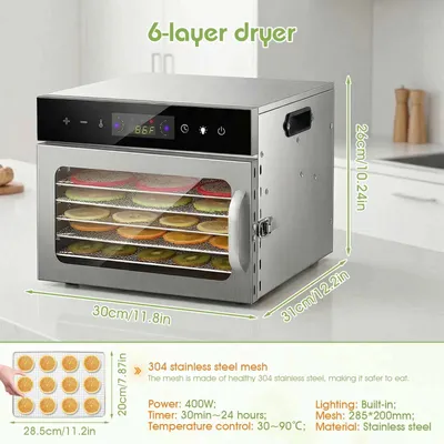 Zdjęcie produktu dla Suszarka do żywności – suszarka 6-poziomowa – 800 W, 220–240 V – regulacja temperatury w zakresie 30–90°C – 24-godzinny timer – stal nierdzewna, do mięsa, owoców, warzyw i przysmaków dla psów
