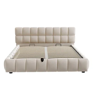 Produktbild von Merax Polsterbett 140x200cm mit hydraulischem Stauraum, Doppelbett mit Samtstoff und Lattenroste, Kopfteil mit voluminösem Design, Beige