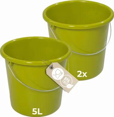 Produktbild von Novaliv 2 Stück Eimer 5L Grün mit Maßeinteilung - Putzeimer 5 Liter ⌀ 22,5 cm Praktischer Allrounder mit Skala für Haushalt & Garten ideal als Haushaltseimer, Wassereimer, Wischeimer, Bucket