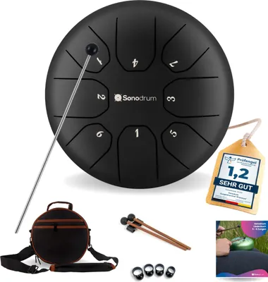 Produktbild von Sonodrum Zungentrommel: C - Dur in Schwarz - 20 cm mit 8 Tönen, Steel Tongue Drum inkl. Liederbuch, Schlägel, Fingersticks und Tragetasche