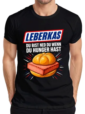 Obrázok produktu pre Leberkas – Tričko pre pánov, čierna farba, veľkosť L. (Text naznačuje, že ide o tričko s motívom "Leberkas", čo je nemecký druh párku, a spomína aj slová "Semmel" (rožok) a "Lederhose" (tradičné nemecké nohavice).)