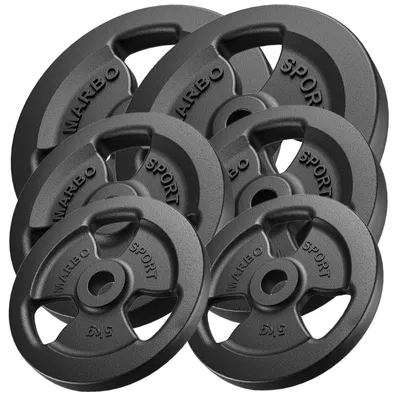 Produktbild von Marbo Sport Tri-Grip Guss Hantelscheiben-Set Gewichte mit ø30/31 mm Bohrung | Set 60 kg / 2 x 15 kg + 2 x 10 kg + 2 x 5 kg